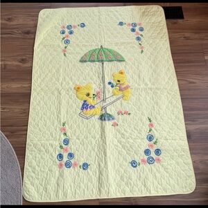 Vintage Handmade Baby Quilt Blanket Embroidered Yellow Bears Umbrella Seesaw